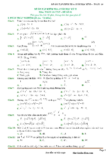 Top 10 đề kiểm tra học kỳ 2 Toán 10 Chân trời sáng tạo (có lời giải chi tiết)