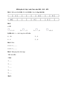 Đề thi giữa kì 1 lớp 1 môn Toán năm 2020 - 2021 - Đề 1