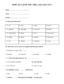 Bài tập ôn hè lớp 4 lên 5 môn tiếng Anh số 2