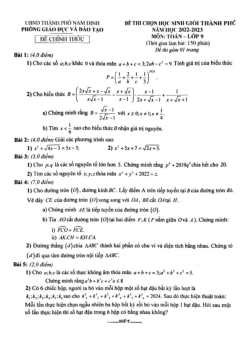 Đề học sinh giỏi Toán 9 năm 2022 – 2023 phòng GD&ĐT thành phố Nam Định