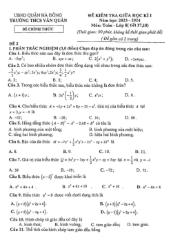 Đề giữa học kì 1 Toán 8 năm 2023 – 2024 trường THCS Văn Quán – Hà Nội