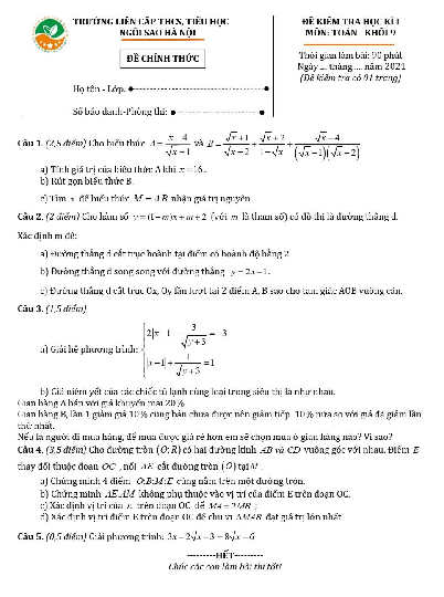 Đề kiểm tra học kì 1 Toán 9 năm 2021 – 2022 trường TH&THCS Ngôi Sao Hà Nội