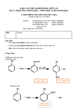 Báo Cáo Thí nghiệm Hóa Hữu Cơ: Phản ứng Sunfo Hóa - Tổng Hợp Acid Sunfanilic