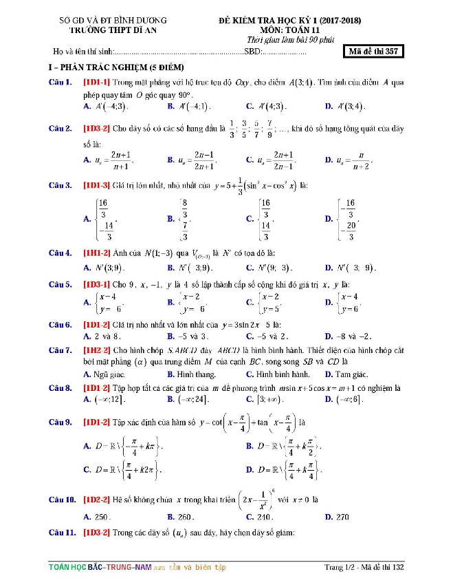 Đề kiểm tra học kỳ 1 Toán 11 năm học 2017 – 2018 trường THPT Dĩ An – Bình Dương
