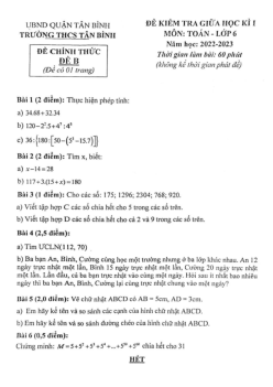 Đề giữa học kì 1 Toán 6 năm 2022 – 2023 trường THCS Tân Bình – TP HCM