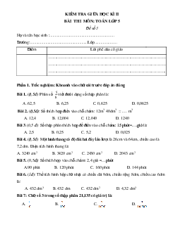 Đề thi giữa kì 2 lớp 5 môn Toán - Đề 3