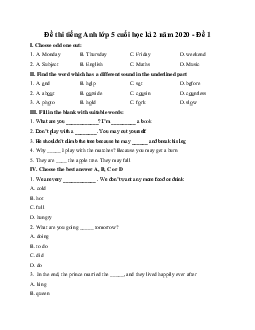 Đề thi tiếng Anh lớp 5 cuối học kì 2 năm 2020 - Đề 1