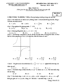 Đề cuối học kỳ 1 Toán 12 năm 2023 – 2024 trường THPT Nhữ Văn Lan – Hải Phòng