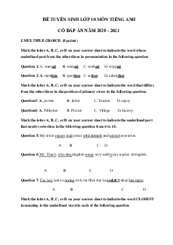 Đề thi vào lớp 10 môn tiếng Anh sở GD&ĐT Hà Nội năm 2020 số 6