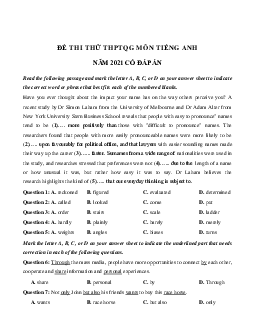 Đề thi thử THPT năm 2021 môn Tiếng Anh trường THPT Chuyên ĐH Vinh lần 1 (có đáp án)