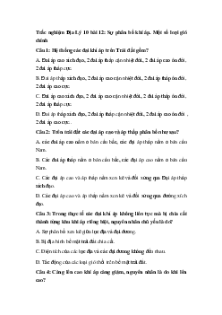 Trắc nghiệm Địa Lý 10 bài 12: Sự phân bố khí áp. Một số loại gió chính