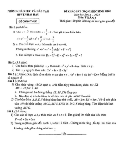 Đề khảo sát HSG Toán 8 năm 2023 – 2024 phòng GD&ĐT Hải Hậu – Nam Định
