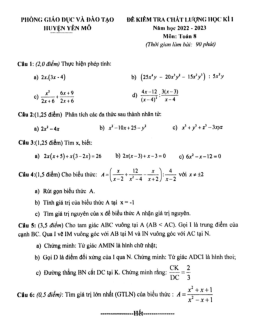 Đề học kì 1 Toán 8 năm 2022 – 2023 phòng GD&ĐT Yên Mô – Ninh Bình