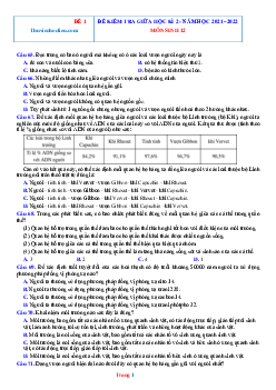 TOP 3 đề thi giữa học kỳ II môn sinh học 12 năm học 2021-2022 (có đáp án)