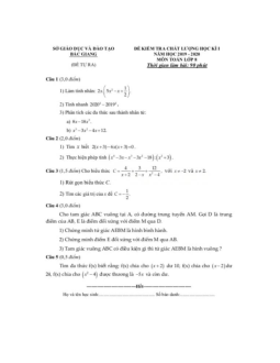 Đề thi học kì 1 lớp 8 môn Toán Sở GD&ĐT Bắc Giang năm học 2019 - 2020