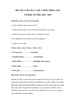 Đề thi tiếng Anh lớp 5 giữa học kì 2 năm 2020 - 2021 số 2