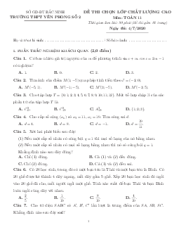 Đề chọn lớp chất lượng cao Toán 11 năm 2020 – 2021 trường Yên Phong 2 – Bắc Ninh