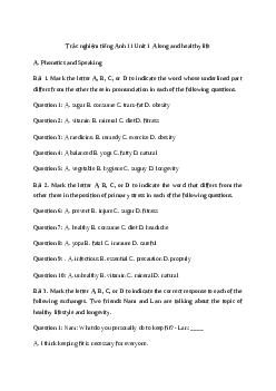 Giải Trắc nghiệm tiếng Anh 11 Unit 1 A long and healthy life