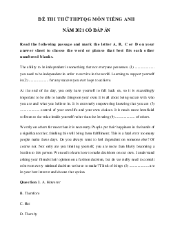 Đề thi thử THPT Quốc gia môn Tiếng Anh năm 2021 trường THPT Đặng Huy Trứ (có đáp án)