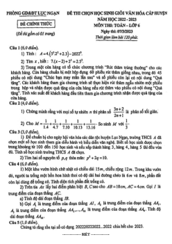 Đề HSG cấp huyện Toán 6 năm 2022 – 2023 phòng GD&ĐT Lục Ngạn – Bắc Giang