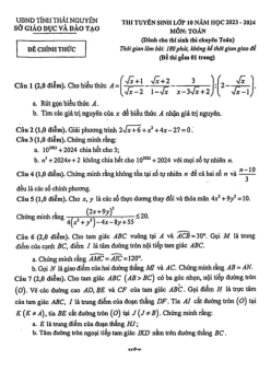Đề tuyển sinh lớp 10 môn Toán (chuyên) năm 2023 – 2024 sở GD&ĐT Thái Nguyên