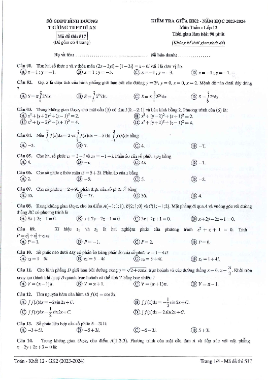 Đề giữa học kỳ 2 Toán 12 năm 2023 – 2024 trường THPT Dĩ An – Bình Dương