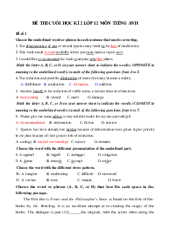 Bộ đề thi học kì 2 lớp 12 môn tiếng Anh có đáp án