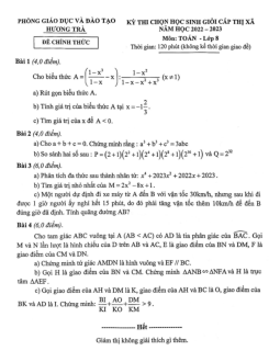 Đề học sinh giỏi Toán 8 năm 2022 – 2023 phòng GD&ĐT Hương Trà – TT Huế