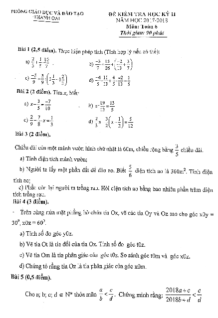 Đề thi học kỳ 2 Toán 6 năm 2017 – 2018 phòng GD và ĐT Thanh Oai – Hà Nội