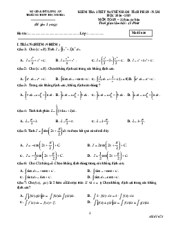 Đề kiểm tra 1 tiết Giải tích 12 chương 3 (Nguyên hàm – Tích phân) trường THPT Thạnh Hóa – Long An