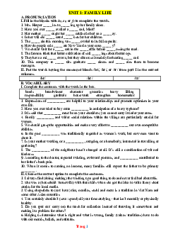 Bài tập thực hành Tiếng Anh 10 Global success unit 1 Family life (có đáp án)