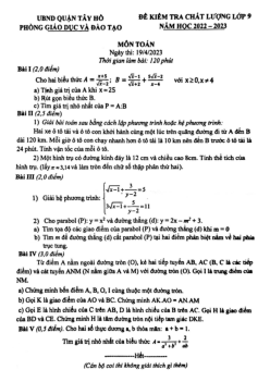 Đề kiểm tra chất lượng Toán 9 năm 2022 – 2023 phòng GD&ĐT Tây Hồ – Hà Nội