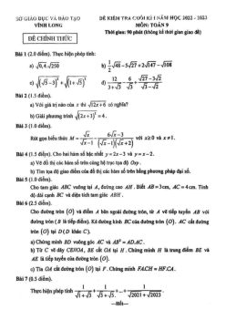 Đề kiểm tra cuối kì 1 Toán 9 năm 2022 – 2023 sở GD&ĐT Vĩnh Long