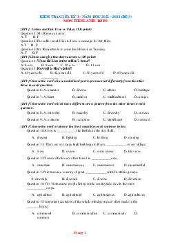 Đề kiểm tra giữa HK1 Tiếng Anh 8 năm 2022-2023 có đáp án-Đề 3