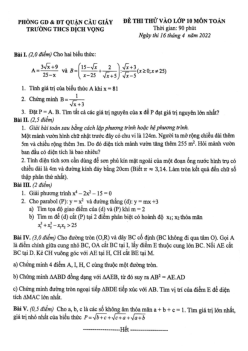 Đề thi thử Toán vào lớp 10 năm 2022 – 2023 trường THCS Dịch Vọng – Hà Nội