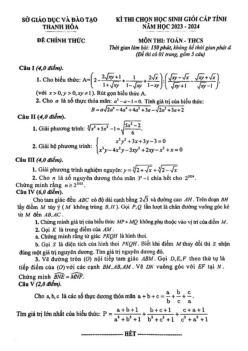 Đề học sinh giỏi cấp tỉnh Toán THCS năm 2023 – 2024 sở GD&ĐT Thanh Hóa