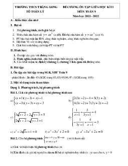 Đề cương giữa học kì 2 Toán 9 năm 2021 – 2022 trường THCS Thăng Long – Hà Nội