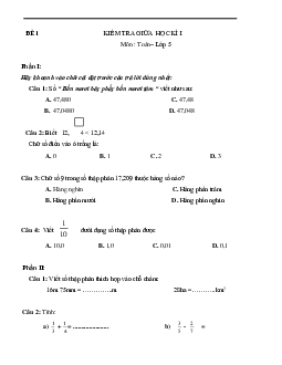 10 đề thi Toán lớp 5 giữa học kì 1 năm 2022 - 2023
