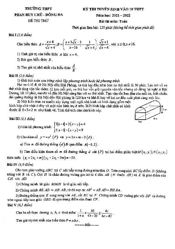 Đề thi thử Toán vào 10 năm 2021 – 2022 trường THPT Phan Huy Chú – Hà Nội
