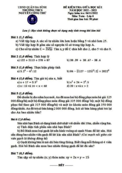 Đề giữa kì 1 Toán 6 năm 2022 – 2023 trường THCS Nguyễn Công Trứ – Hà Nội