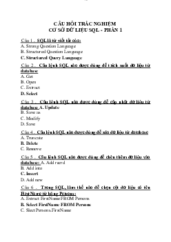 Câu hỏi trắc nghiệm cơ sở dữ