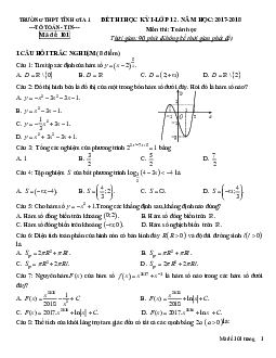 Đề thi học kỳ 1 Toán 12 năm học 2017 – 2018 trường THPT Tĩnh Gia 1 – Thanh Hóa