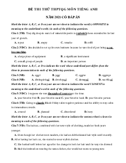 Đề thi thử THPT Quốc gia năm 2021 môn Tiếng Anh trường THPT Chuyên Hưng Yên lần 1 (có đáp án)