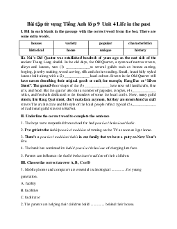 Bài tập từ vựng Tiếng Anh lớp 9 Unit 4 Life in the past