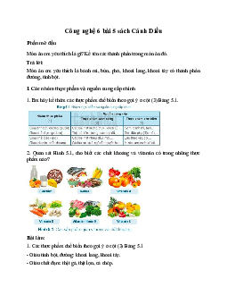 Công nghệ 6 bài 5 Thực phẩm và giá trị dinh dưỡng Cánh Diều