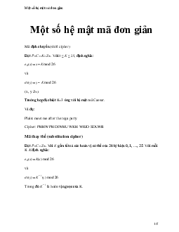 Một số hệ mật mã đơn giản | Học viện Nông nghiệp Việt Nam