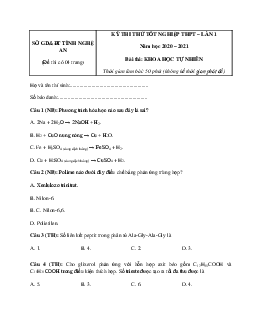 Đề thi thử THPT Quốc gia năm 2021 môn Hóa học Trường THPT Chuyên Đại học Vinh Lần 1
