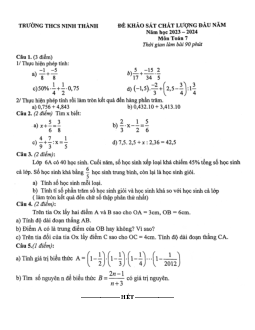 Đề khảo sát Toán 7 đầu năm 2023 – 2024 trường THCS Ninh Thành – Ninh Bình