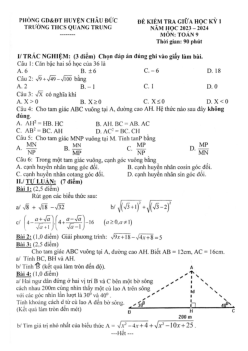 Đề giữa học kỳ 1 Toán 9 năm 2023 – 2024 trường THCS Quang Trung – BR VT