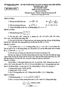 Đề tuyển sinh lớp 10 THPT môn Toán năm 2024 – 2025 sở GD&ĐT Hòa Bình